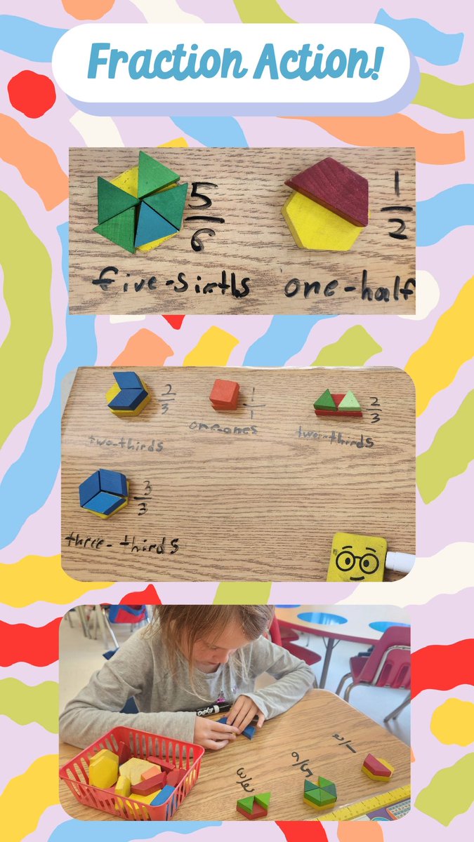 BrainyBunch2s's tweet image. Fraction Action in full force today! Our Brainy Bunch used pattern blocks to represent halves, thirds, and sixths—so many ways to make a whole! #FractionFun #PatternBlockPower