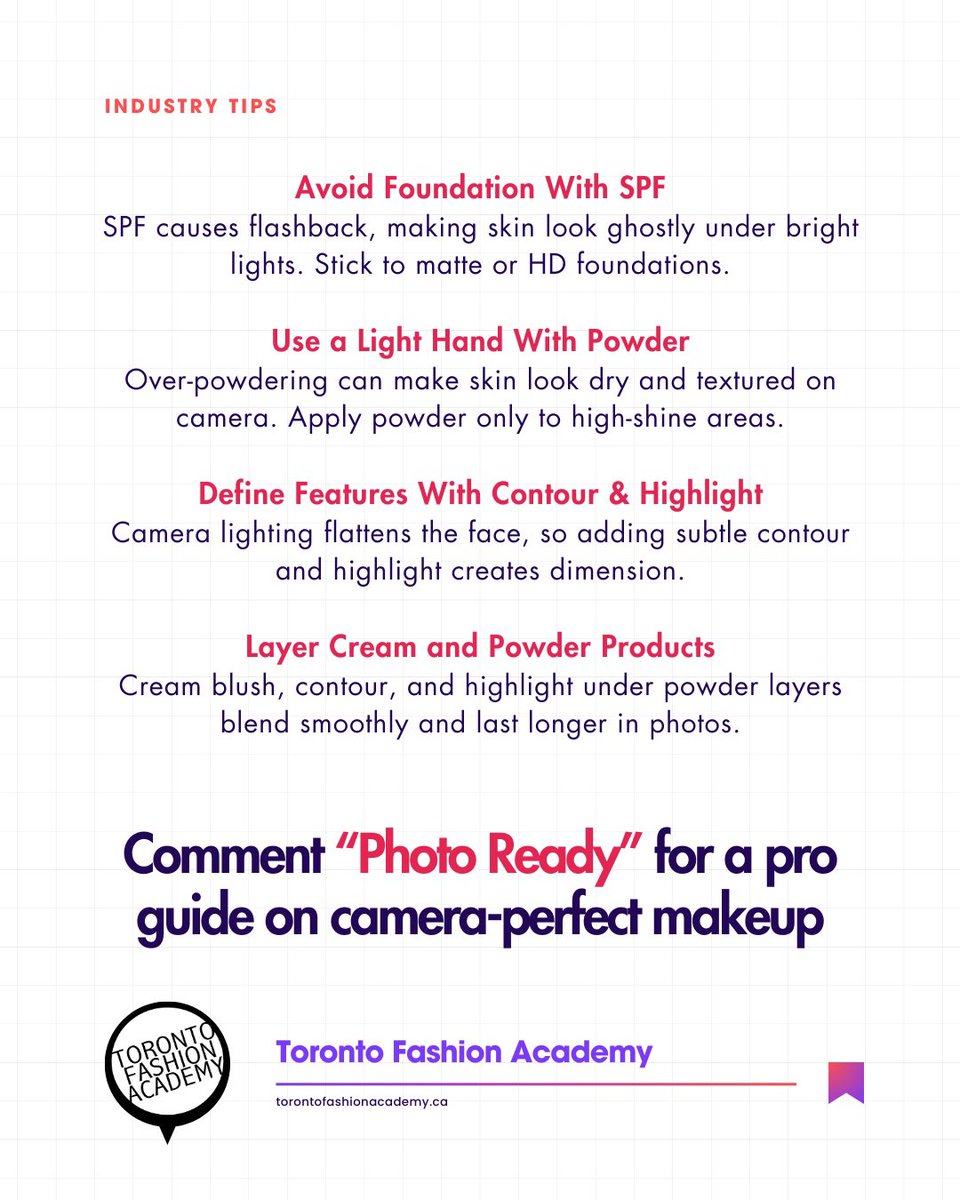 TFAOfficial's tweet image. Lighting + lens = different rules.

Skip the SPF, contour with purpose, and blend like a pro.

Comment &quot;Photo-Ready&quot; on IG for the full checklist!
#MakeupTips #PhotoReady #MUATips #HDMakeup #CameraReady #BeautyHacks #TFA #makeuptutorial #makeuptipstiktok #beautytips101