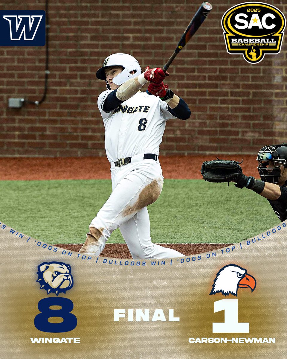 Wingate Bulldogs (@wu_bulldogs) on Twitter photo BULLDOGS WIN!!!!!
<a href="/WingateBaseball/">Wingate Baseball</a> opens SAC Tourney play with an 8-1 win over Carson-Newman!
Scheffler launched a grand slam in the 1st inning; Hoover went the distance on the mound without allowing an earned run
#OneDog BULLDOGS WIN!!!!!
<a href="/WingateBaseball/">Wingate Baseball</a> opens SAC Tourney play with an 8-1 win over Carson-Newman!
Scheffler launched a grand slam in the 1st inning; Hoover went the distance on the mound without allowing an earned run
#OneDog