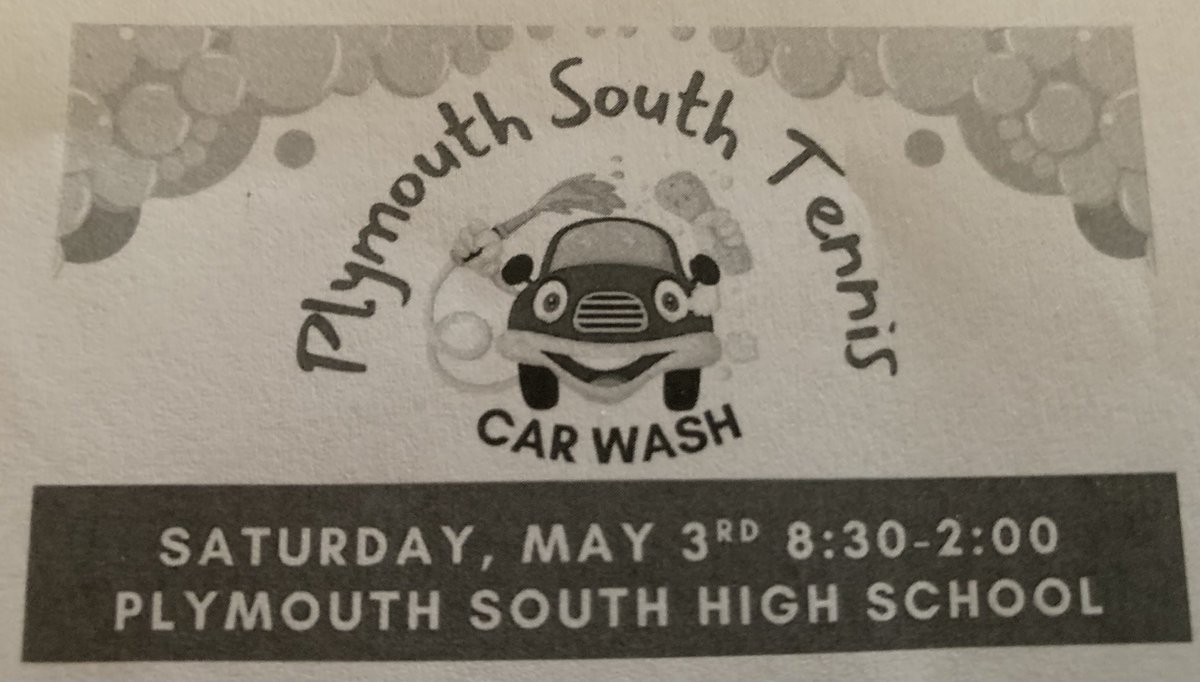 In Plymouth? Get your car washed Saturday May 3rd at Plymouth South High School as a fundraiser for the Boys &amp; Girls Tennis Teams! ($5 or your generous donation). 8:30 AM to 2 PM at PSHS, 490 Long Pond Road🚗🌞💦🧽🚙