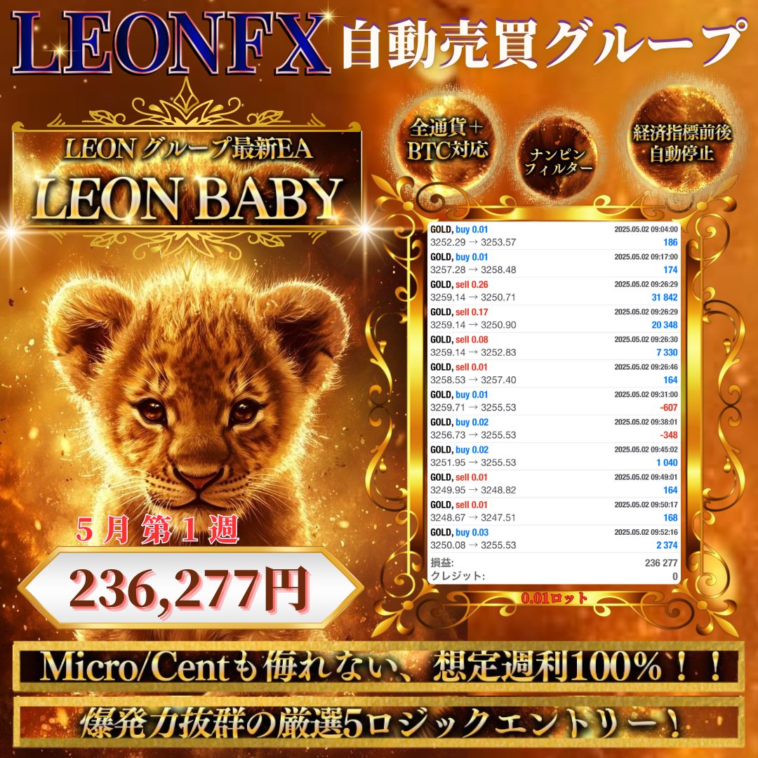 🦁LEON   BABY🦁
 5月第1週結果
＋236,277円　23.6%

マイクロ/セント口座対応の最新爆益EAが登場⭐️
 
 💟平均日利20％Over🎉
 💟ナンピンフィルター、トレール搭載📈
 💟全通貨＋BTC対応🔥

「LEON🦁FX自動売買グループ」
x.gd/SNU5m