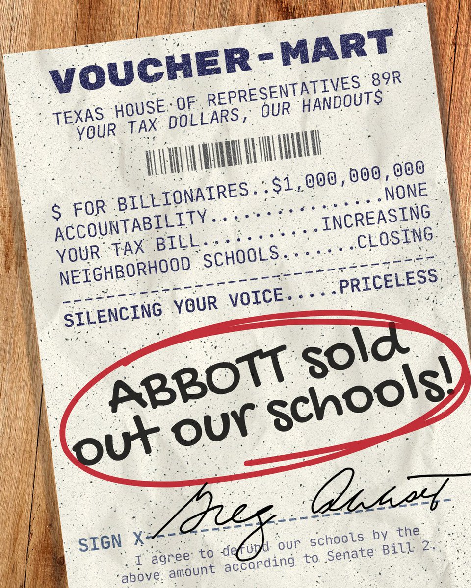 Keep this receipt.
 
Abbott signs his voucher scam into law today — taking from your neighborhood schools to subsidize unaccountable private schools.
 
Remember this day when your property taxes skyrocket and more schools shut their doors.

#txlege
