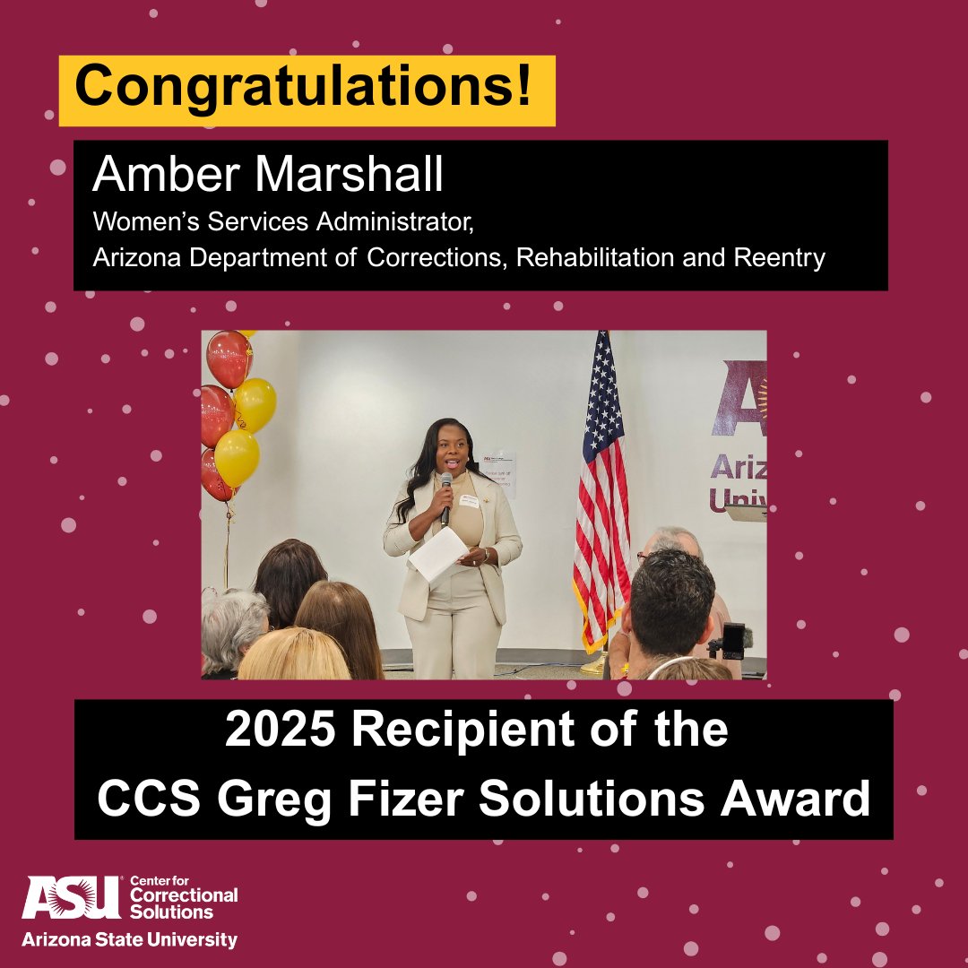 ASU Center for Correctional Solutions (@ccs_asu) on Twitter photo Congratulations to Amber Marshall of the <a href="/AZCorrections/">AZ DEPT OF CORRECTIONS, REHABILITATION & REENTRY</a> on winning the CCS Greg Fizer Solutions Award! We look forward to many more years of collaboration together. Congratulations to Amber Marshall of the <a href="/AZCorrections/">AZ DEPT OF CORRECTIONS, REHABILITATION & REENTRY</a> on winning the CCS Greg Fizer Solutions Award! We look forward to many more years of collaboration together.