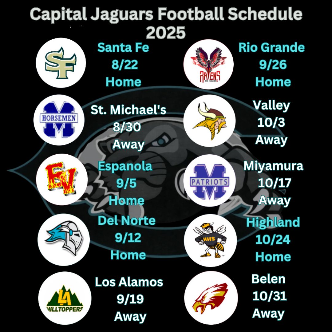 CHS Jaguars Football (@chsjagsfootball) on Twitter photo New season. Same mission. The 2025 schedule is set. #CapitalStrong #JaguarPride
<a href="/PrepRedzoneNM/">Prep Redzone New Mexico</a> <a href="/nmpreps/">NMPreps</a> <a href="/sportsprimo2/">Sports Primo</a> <a href="/johnmikesalazar/">Coach John Michael Salazar</a> New season. Same mission. The 2025 schedule is set. #CapitalStrong #JaguarPride
<a href="/PrepRedzoneNM/">Prep Redzone New Mexico</a> <a href="/nmpreps/">NMPreps</a> <a href="/sportsprimo2/">Sports Primo</a> <a href="/johnmikesalazar/">Coach John Michael Salazar</a>