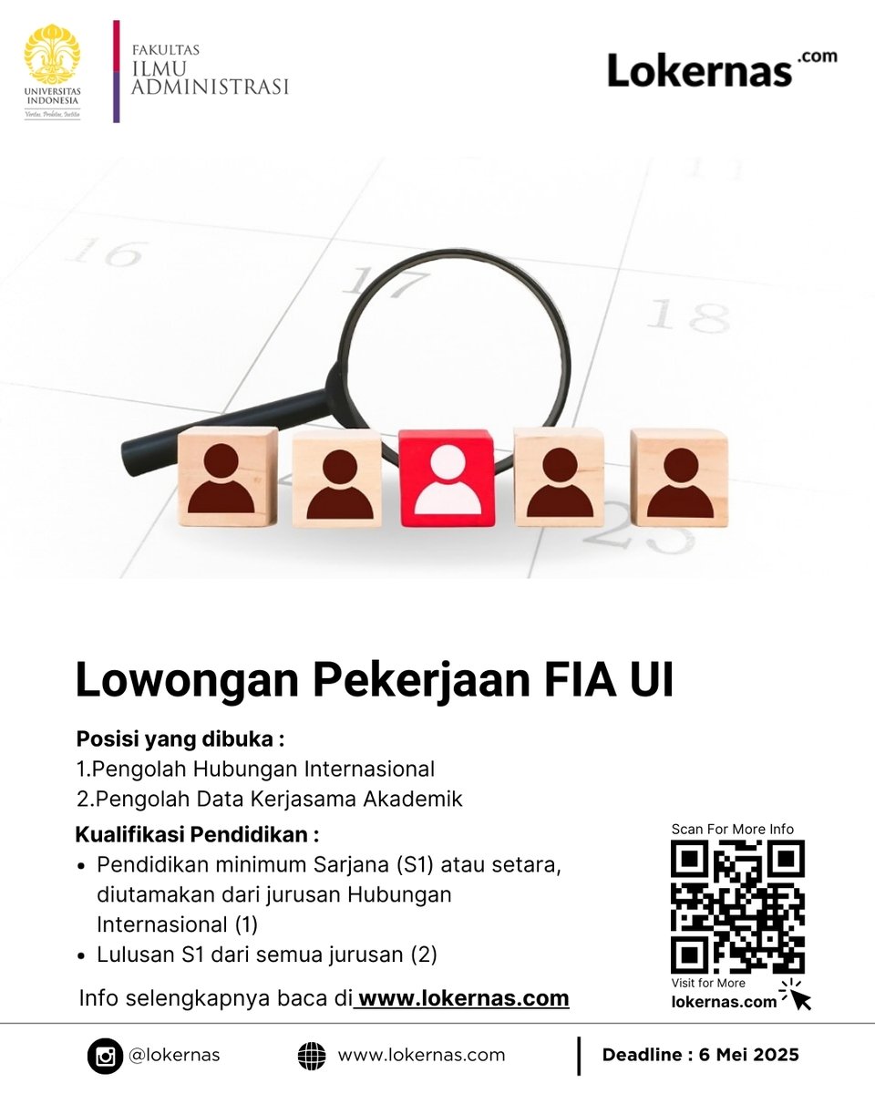 Lokernas_com's tweet image. Lowongan Kerja FIA UI

Detail lowongan : lokernas.com/2025/05/lowong…

#lowongankerja #fiaui #lokerterbaru #lokersarjana