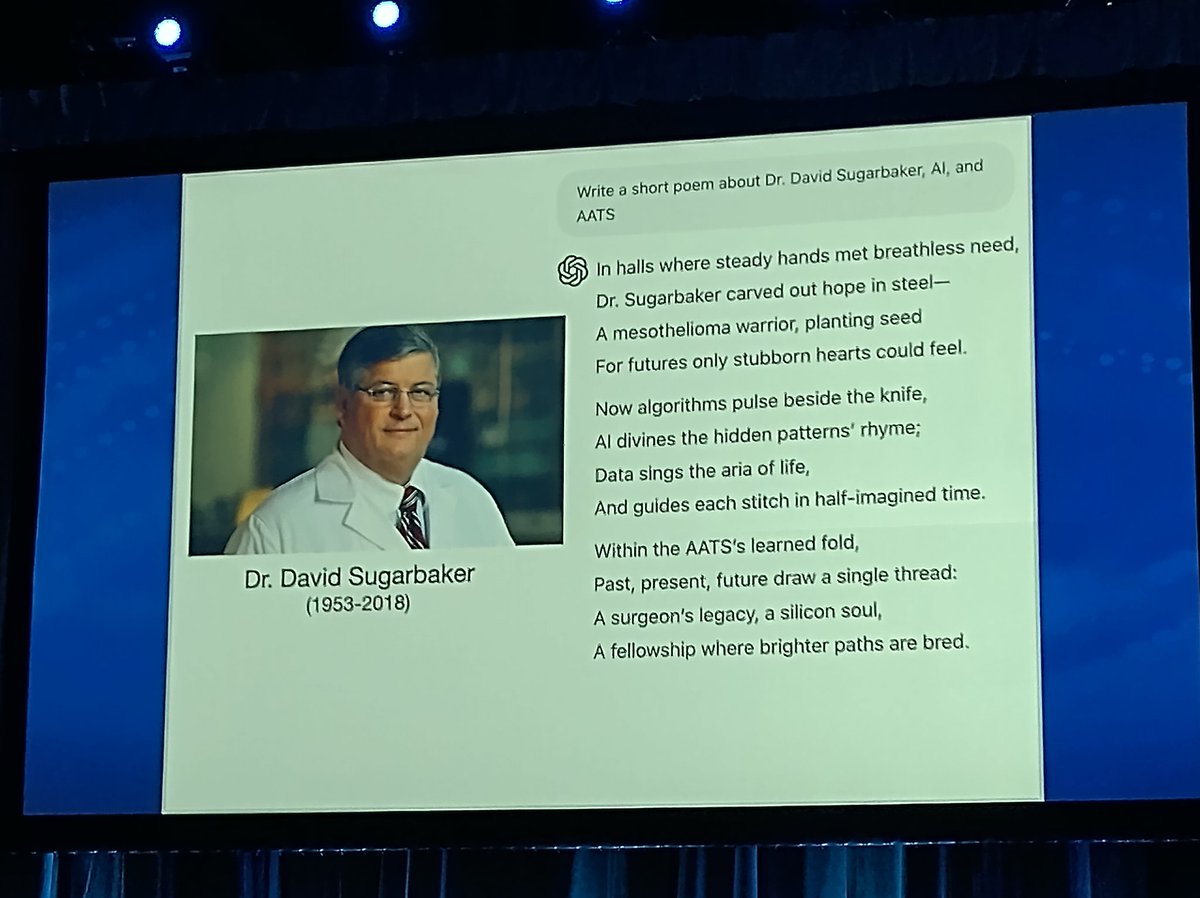Chat GPT produced poem celebrating Dr Sugarbaker, AI and AATS 😂 A future-driven plenary session of the first #AATS2025 day in progress on Level 2 🫁🫀