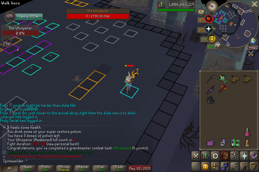 Sanguine torva acquired!

Orbs - 191 Leviathan, 188 Vardorvis, 30 Duke Sucellus, 34 Whisperer
Deaths - 167 Leviathan, 162 Vard, 17 Duke Sucellus/Whisperer