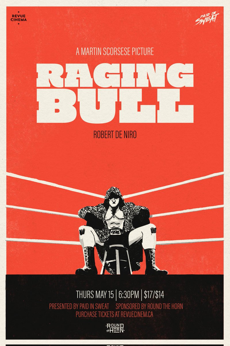 Whoa! Folks! Less than a week until RAGING BULL comes to the big screen 65% SOLD OUT!!! Join us MAY 15TH <a href="/RevueCinema/">Revue Cinema</a> and cop this poster designed by <a href="/montadrew/">Drew Shannon</a> while you're at it 🎟 🔗: in bio!
Presented in partnership with <a href="/roundthehorn331/">Round the Horn</a> 
Thanks, neighbour!