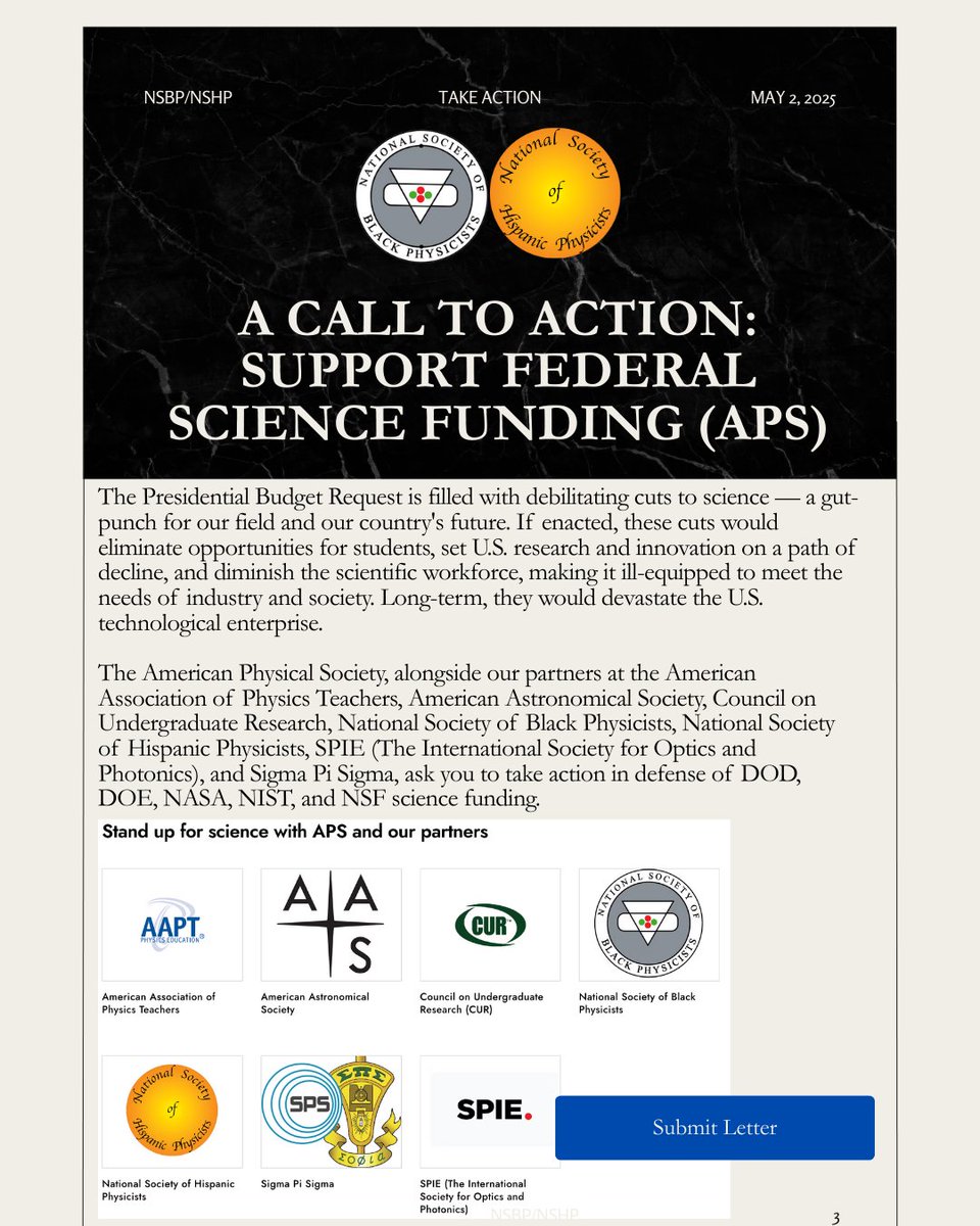 NSBP, Inc. (@nsbpinc) on Twitter photo The <a href="/APSphysics/">American Physical Society</a>, alongside our partners at the <a href="/AAPTHQ/">AAPT</a>, <a href="/AAS_Office/">American Astronomical Society (AAS)</a>, <a href="/CURinAction/">CUR</a>, NSP, NSHP, SPIE, and SPS, ask you to take action in defense of DOD, DOE, NASA, NIST, and NSF science funding.
aps.org/initiatives/adā¦
#NSBP #SupportScience #APS #SuppordFederalScienceFunding The <a href="/APSphysics/">American Physical Society</a>, alongside our partners at the <a href="/AAPTHQ/">AAPT</a>, <a href="/AAS_Office/">American Astronomical Society (AAS)</a>, <a href="/CURinAction/">CUR</a>, NSP, NSHP, SPIE, and SPS, ask you to take action in defense of DOD, DOE, NASA, NIST, and NSF science funding.
aps.org/initiatives/adā¦
#NSBP #SupportScience #APS #SuppordFederalScienceFunding
