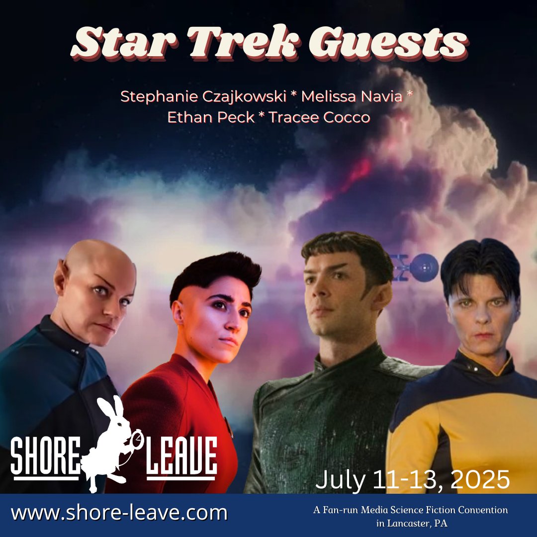 Shore Leave will have some amazing Star Trek guests this year: Ethan Peck, excited to announce that Stephanie Czajkowski, Melissa Navia,  Ethan Peck, and Tracee Cocco. In Lancaster, PA July 11–13, 2025. shore-leave.com
<a href="/EthanPeck/">Ethan Peck</a>
<a href="/mcnavia/">Nunya</a>
@skisays
<a href="/realtraceecocco/">Tracee Lee Cocco</a>