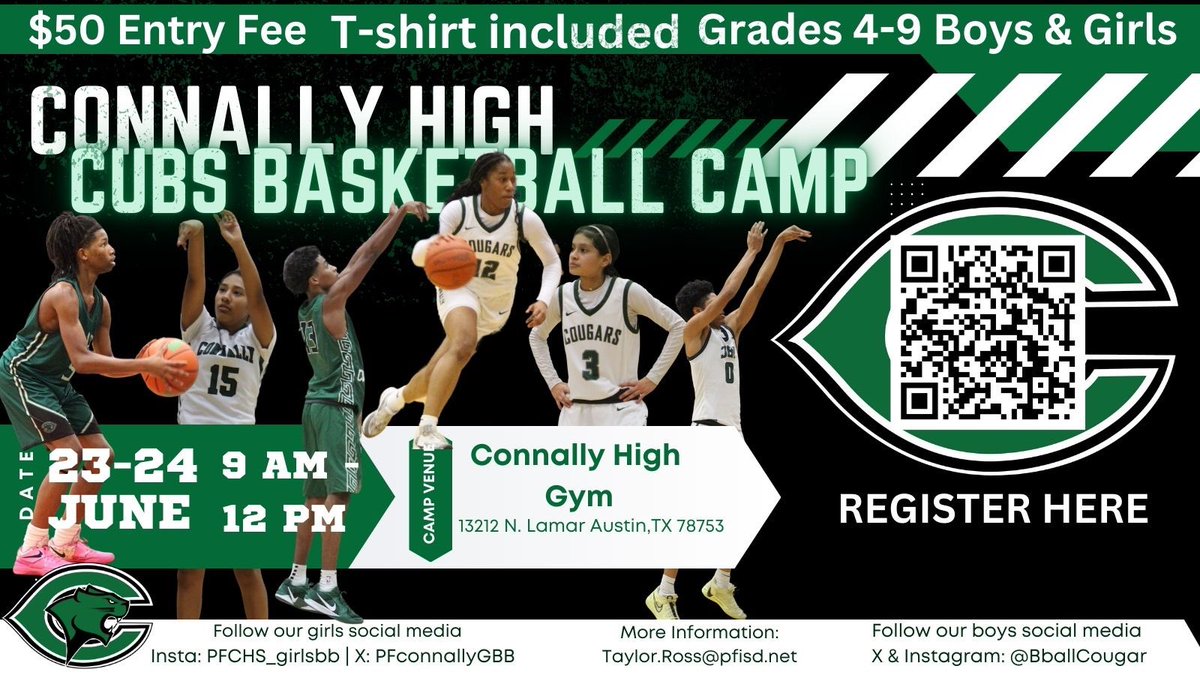 Hey future Connally Cougars—4th through 9th graders, Come out for 2 fun-filled day of hoops, games, and skills as you get to know the Connally basketball family! Use the QR code to register now! #thePFuture <a href="/BballCougar/">ConnallyCougarBball</a> <a href="/PfISDAthletics/">PfISD Athletics</a> <a href="/pfisd/">Pflugerville ISD</a>