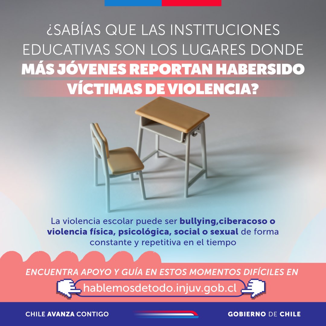 En este Día Internacional contra el Acoso Escolar, te contamos que la décima Encuesta Nacional de Juventudes identificó los establecimientos educacionales como el espacio donde más jóvenes reportan haber sido víctimas de violencia física y psicológica.

Involúcrate: protege y