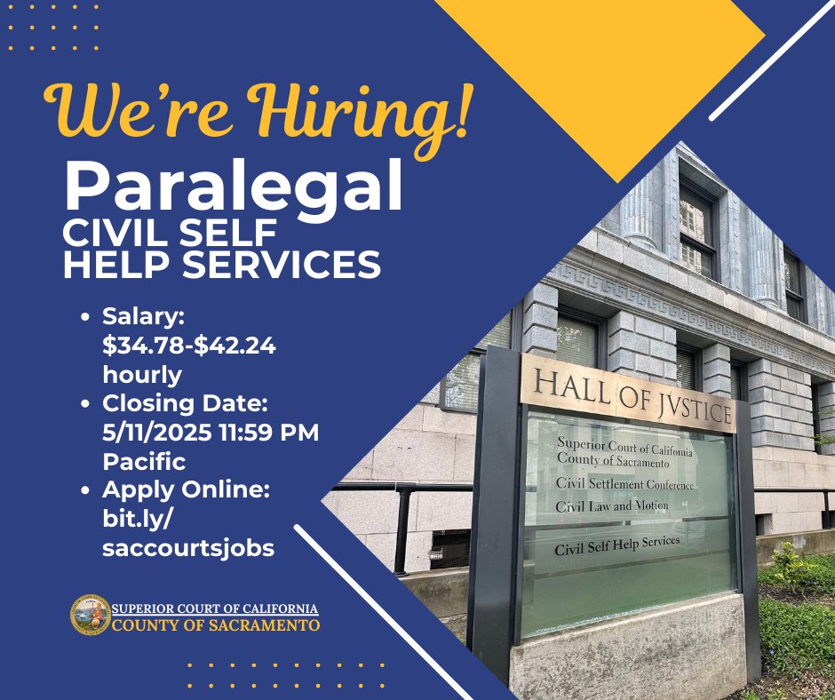 The Sacramento Superior Court is recruiting for a Paralegal. This recruitment is scheduled to close on 5/11/2025. You can learn more about this job and the court's benefits package and apply online at bit.ly/saccourtsjobs. #superiorcareers