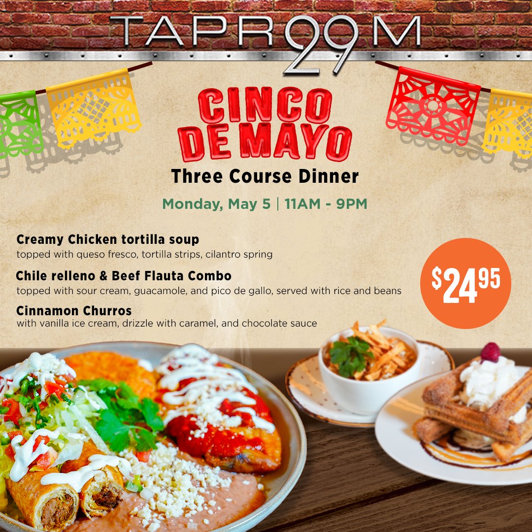 🎉 Cinco de Mayo at Taproom 29! 🇲🇽
Celebrate with our special 3-course dinner — bold flavors and festive vibes!

#CincoDeMayo #Taproom29 #Spotlight29Casino