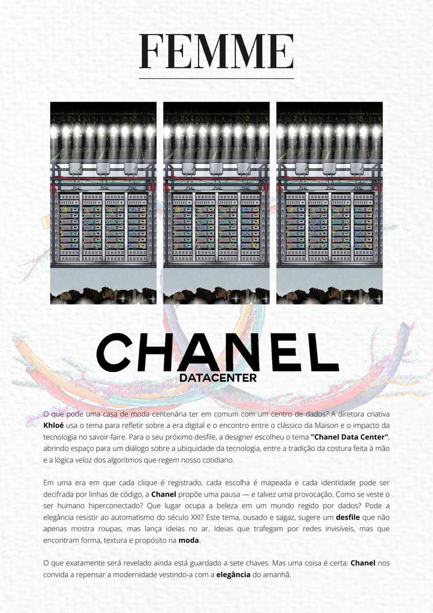 Para seu próximo desfile, a diretora criativa <a href="/HabKoko/">Khloé</a> apresenta o tema “Chanel Data Center”, explorando os índices entre a tradição de alta costura e o impacto da tecnologia. 

04/05 - SAVE THE DATE
#HFIxCHANEL