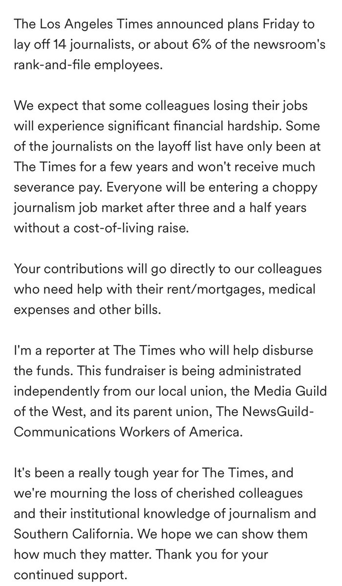The L.A. Times is facing another round of devastating layoffs.
If you have the means to donate to help support those who will be impacted, here’s a link to their GoFundMe page: gofund.me/701a9b2a