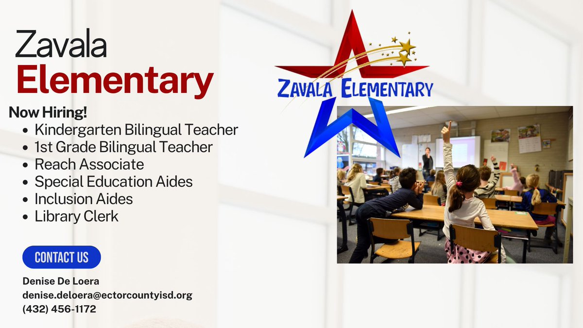 ECISD Human Resources (@ecisdhr) on Twitter photo Zavala Elementary is hiring! ๐
Weโre looking for dynamic, passionate educators to join our incredible team. If you're committed to making a difference and ready to inspire young minds, weโd love to have you with us!
๐ Apply today: ectorcountyisd.schoolspring.com
<a href="/EctorCountyISD/">Ector County ISD</a> Zavala Elementary is hiring! ๐
Weโre looking for dynamic, passionate educators to join our incredible team. If you're committed to making a difference and ready to inspire young minds, weโd love to have you with us!
๐ Apply today: ectorcountyisd.schoolspring.com
<a href="/EctorCountyISD/">Ector County ISD</a>