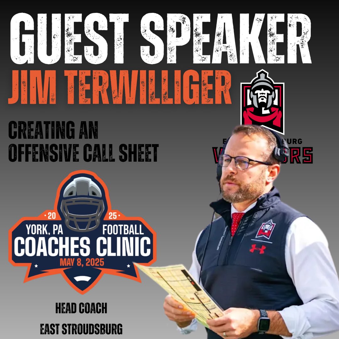 Ben Cregger (@coachcregger) on Twitter photo 🚨Guest Speaker🚨
We would like to announce <a href="/Jimterwilliger/">Jimmy Terwilliger</a> HC <a href="/ESU_Football/">ESU Football</a> as a guest speaker at the 2025 <a href="/AFL_YorkPA/">AFL York PA</a> Coaching Clinic held here in York, Pa on May 8th!
Coaches interested in attending, please sign up using the link below
zeffy.com/en-US/ticketin…
#OneGoal 🚨Guest Speaker🚨
We would like to announce <a href="/Jimterwilliger/">Jimmy Terwilliger</a> HC <a href="/ESU_Football/">ESU Football</a> as a guest speaker at the 2025 <a href="/AFL_YorkPA/">AFL York PA</a> Coaching Clinic held here in York, Pa on May 8th!
Coaches interested in attending, please sign up using the link below
zeffy.com/en-US/ticketin…
#OneGoal