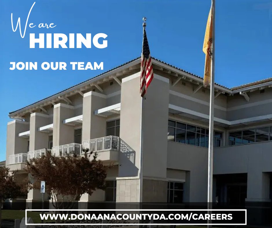 DonaAnaCountyDA's tweet photo. We’re Hiring! We are currently accepting applications for the following:

💻Information Technology Operations Manager
📂Senior Legal Assistants

📝 Learn more at: https://t.co/VUNVg86tjq
✉️ Or send resume and cover letter to HR Manager Jesse Grajeda (jgrajeda@da.state.nm.us) https://t.co/R3Nspc3dAd