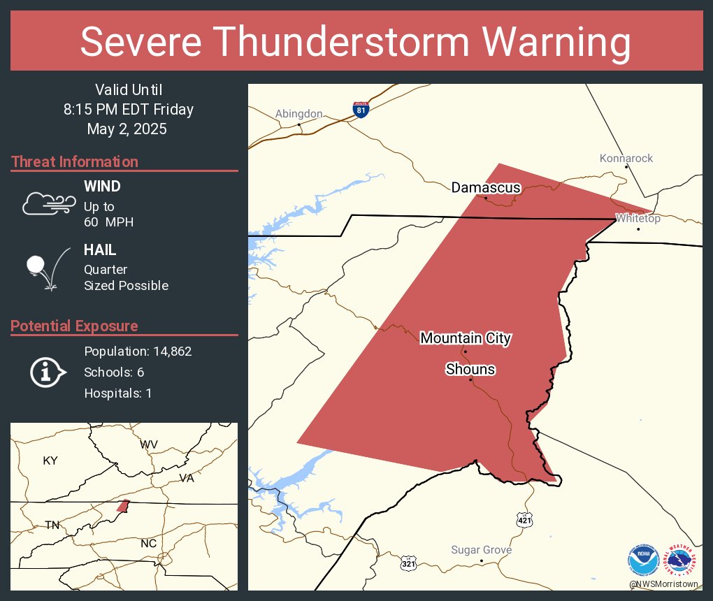 Severe Thunderstorm Warning including Mountain City TN, Damascus VA and  Shouns TN until 8:15 PM EDT