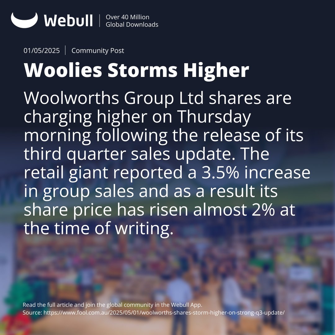 Woolworths shares are charging higher today following the release of its Q3 sales update. 🍎

Read the full story in the Webull Community to find out more! 🐃

#WOW #ASX #Webull #Update #Community