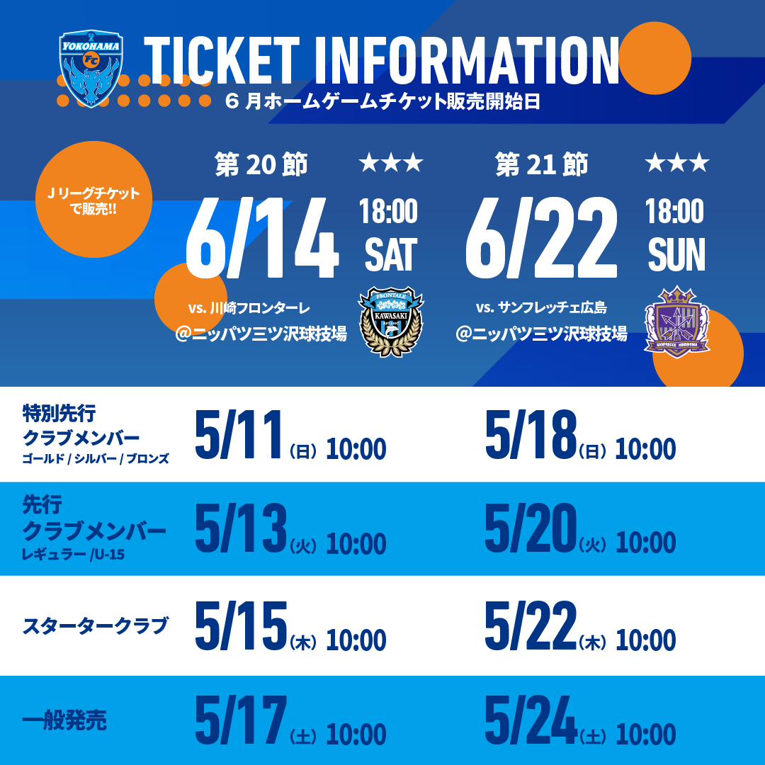 4枚】Jリーグチケット6/14（土）FC横浜vs川崎フロンターレ