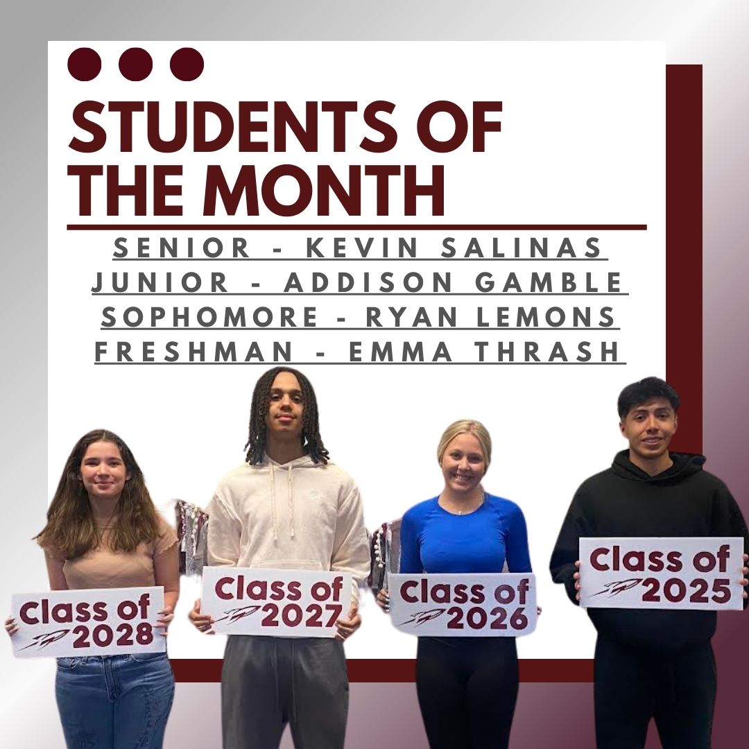 Congratulations to our April Students of the Month!

12th - Kevin Adame
11th  Addi Gamble
10th - Ryan Lemons
9th - Emma Thrash