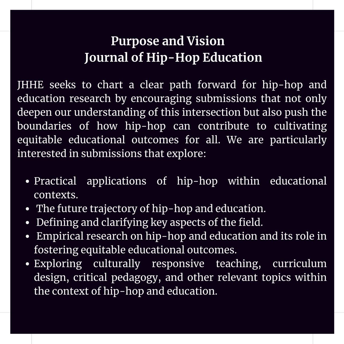 We are now accepting submissions for the newly launched Journal of Hip-Hop and Education! Submit by July 1st to be a part of our inaugural issue. #HipHopEd brill.com/view/journals/…