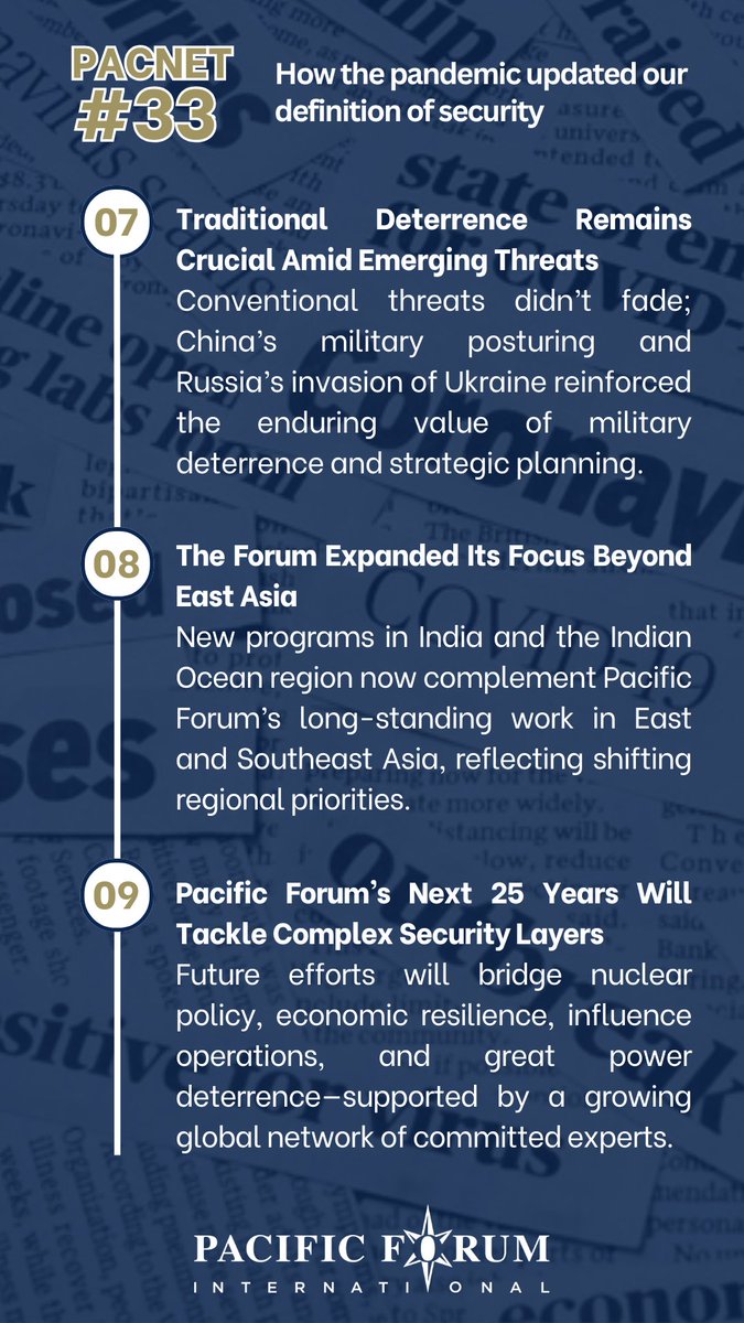 PacificForum's tweet photo. ๐ The #pandemic changed how we define โ#security.โ In #PacNet 33, Rob York, Director for Regional Affairs at #PacificForum, explores how #COVID19 reshaped security thinking โ and what it means for the #IndoPacific at 50 years of Pacific Forum leadership:
https://t.co/LhXGmmy2ya https://t.co/FxEuCDkEXX