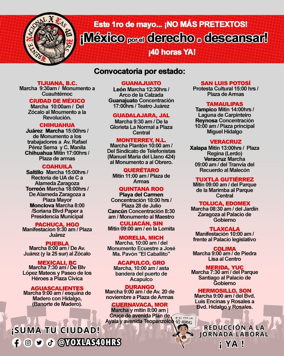 México está listo para mañana reclamar esa deuda que el gobierno tiene durante más de #100añosSinCambios: 40 horas nos darán más tiempo, lo cual dará más descanso y derivará en mejorar la salud, alimentación, autorrealización, conexión familiar, etc. #noMásPretextos
#40horasYA