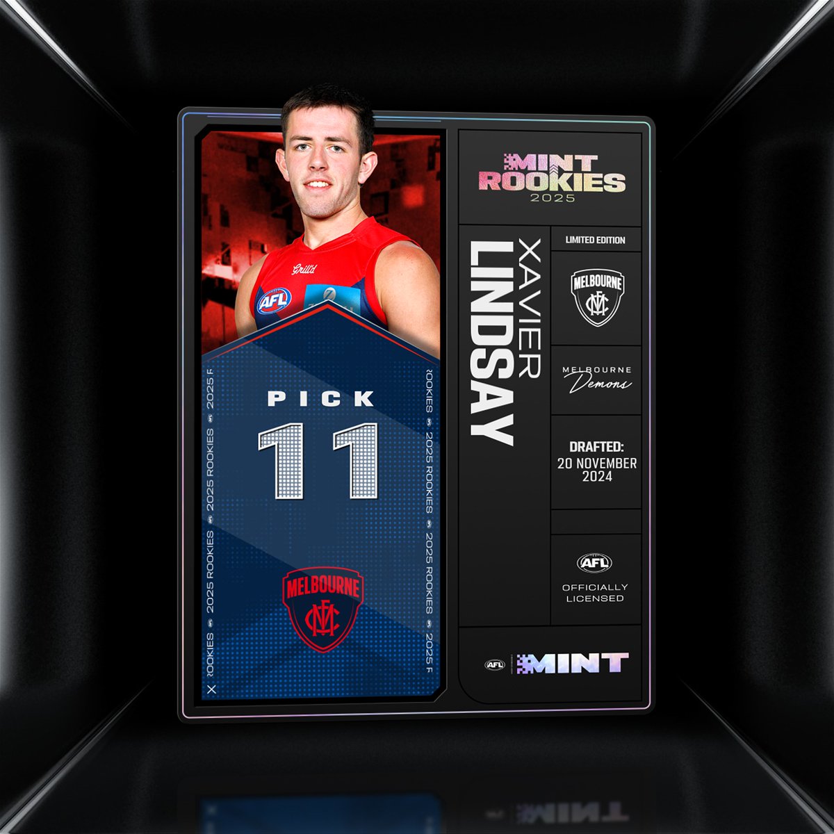 Congrats to Xavier Lindsay on his Rising Star nomination, joining Harvey Langford as Melbourne’s breakout stars lighting up the 2025 season.

The Red &amp; Blue youth are climbing the Mint Rookies leaderboard and making some serious noise. 🔥

Leaderboard!👇
aflmint.com.au/collections/mi…