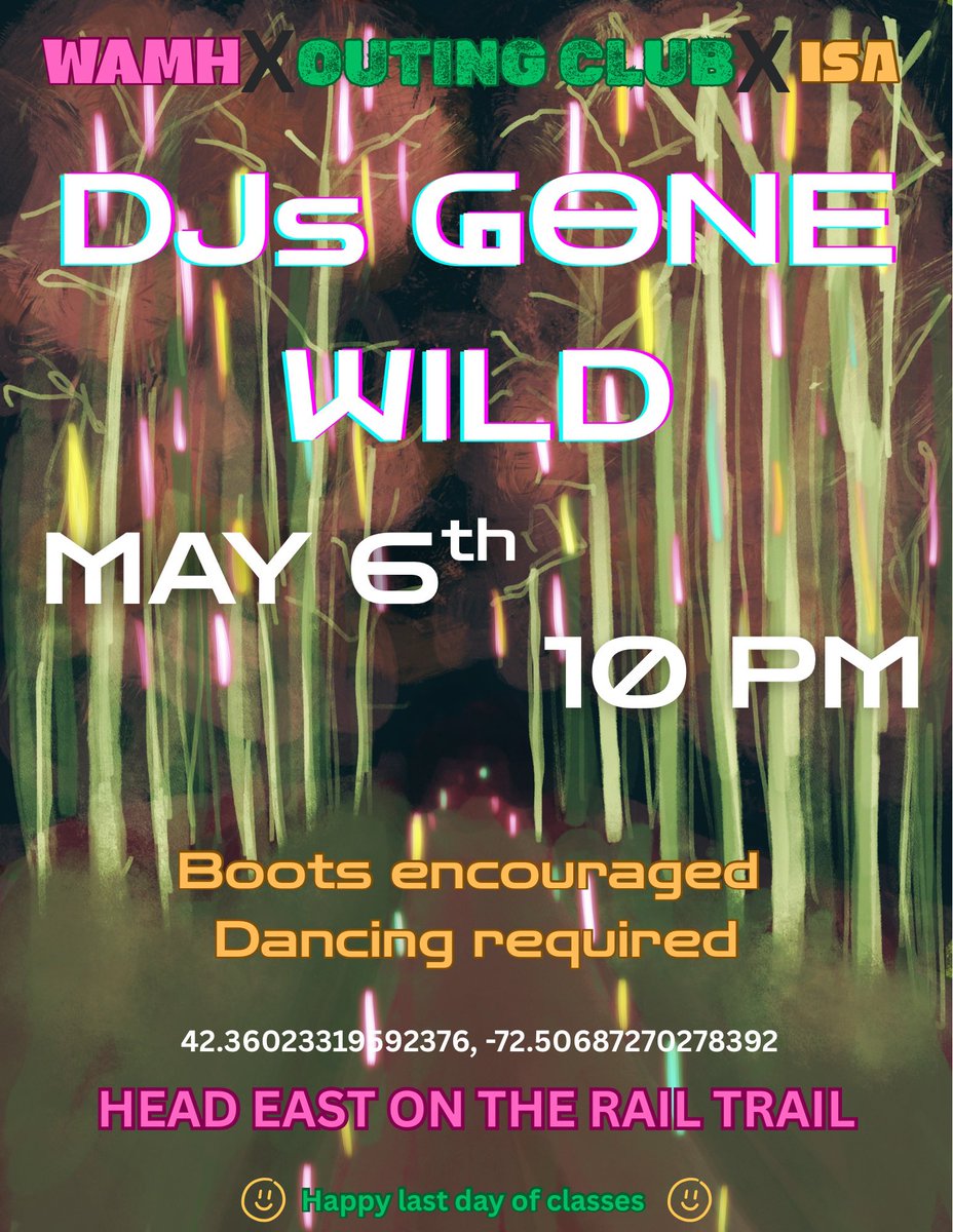 WAMHRadio's tweet photo. a party so awesome it brought the WAMH twitter back from the dead!!! celebrate the end of classes with the WAMH x Outing Club x ISA woods party featuring the 5C’s finest DJs. coordinates are (42.36023319592376, -72.50687270278392), or just head east on the rail trail! https://t.co/ARui7XBBHE