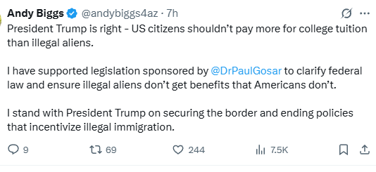 brahmresnik's tweet image. UPDATE GOP candidate for governor @andybiggs4az  backs Trump's EO targeting in-state college tuition for Dreamers. Primary opponent @KTaylorRobson supported it when #Prop308 was on '22 ballot. #AZGOV