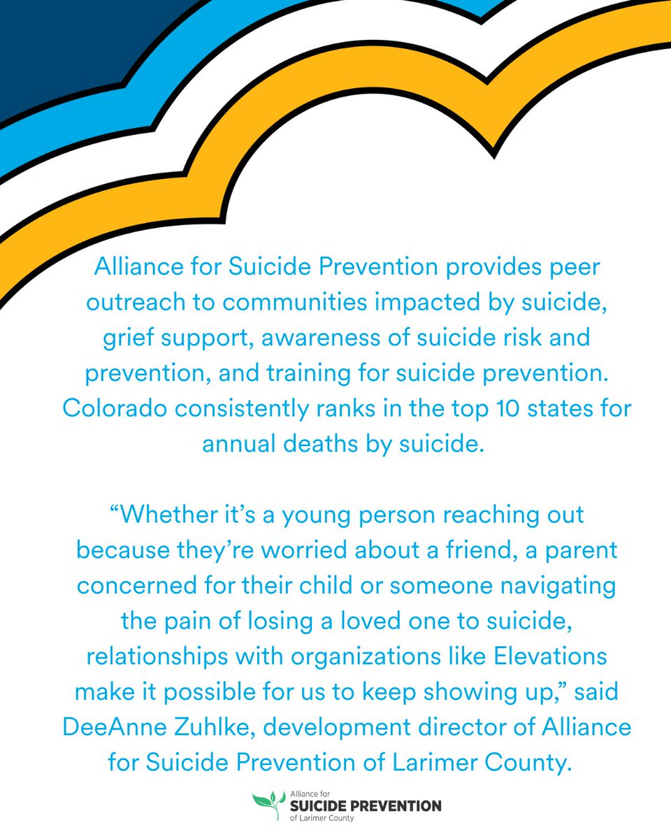 We are excited to announce that Elevations Credit Union has donated $10,000 to the Alliance for Suicide Prevention of Larimer county. 
Together, we can make a difference. 💙

#ElevationsCreditUnion #ASP #SuicidePrevention #CommunityImpact #MentalHealthAwareness