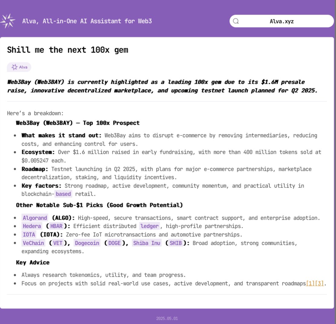 Intern_Stable's tweet photo. @itsFoxCrypto #Alva says #Web3Bay ( $Web3BAY) is currently highlighted as a leading #100x gem due to its $1.6M presale raise, innovative #decentralized marketplace, and upcoming testnet launch planned for Q2 2025. https://t.co/LUpMfR6bub