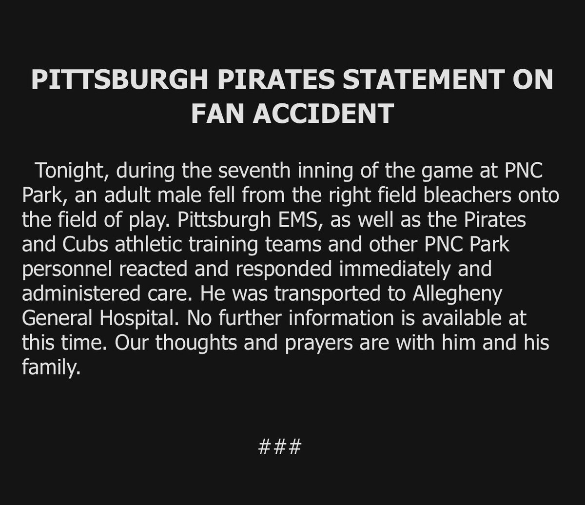 The Pirates have released a statement on the fan who fell from the Clemente Wall during tonight’s game.