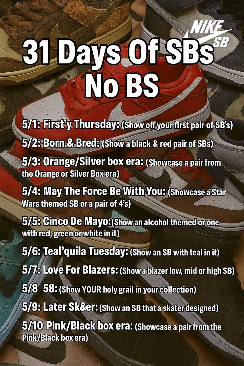 Sn3ak3r_Fr3ak3r's tweet image. Here we go 🫠 tomorrow’s the day: my first ever #NikeSB challenge #31DaysOfSBsNoBS .. looking forward to seeing what you all have to offer .. even if you don’t have a specific themed sneaker - just show up and tag me in your posts .. RT I’ll also pin this tweet so it’s not lost