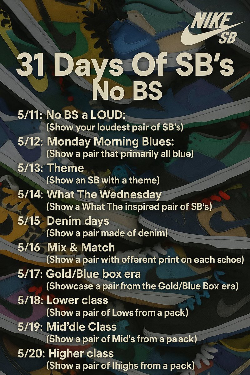 Sn3ak3r_Fr3ak3r's tweet image. Here we go 🫠 tomorrow’s the day: my first ever #NikeSB challenge #31DaysOfSBsNoBS .. looking forward to seeing what you all have to offer .. even if you don’t have a specific themed sneaker - just show up and tag me in your posts .. RT I’ll also pin this tweet so it’s not lost