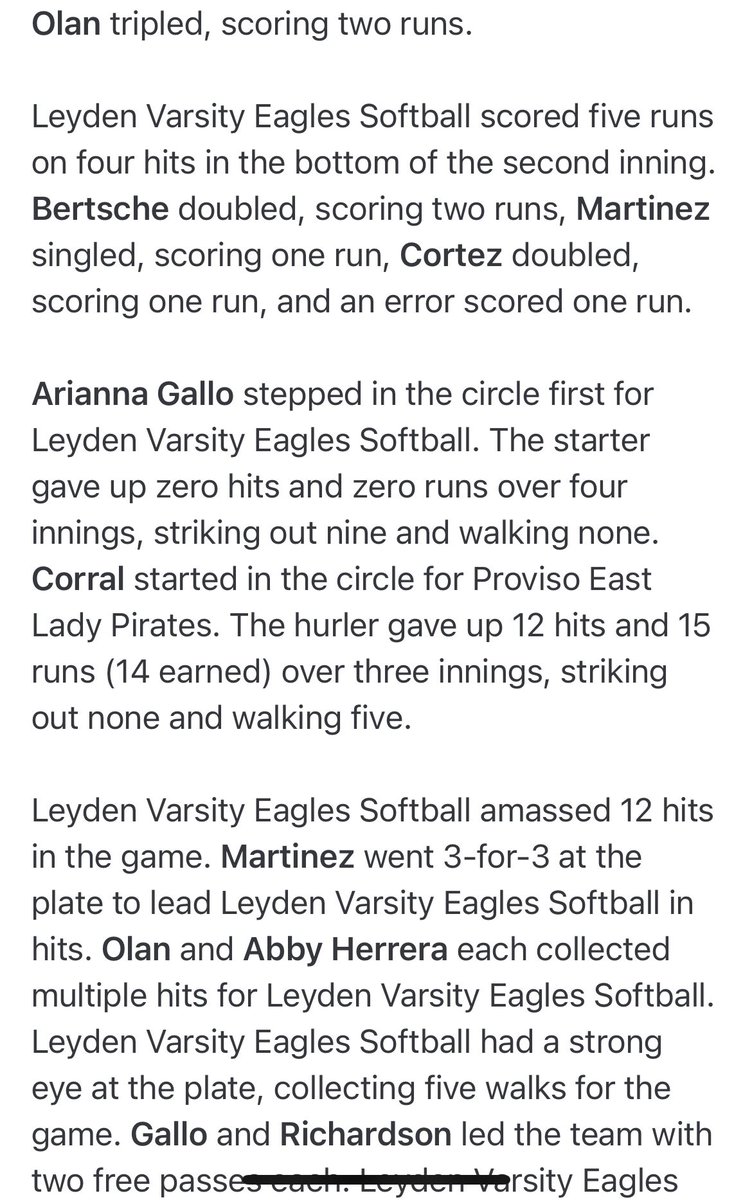 Dr. Kurt Schuett (@kurtschuett) on Twitter photo Senior Ari Gallo tosses a perfect game for the BIRDS as her teammates provide plenty of offensive support to move to 2-1 in the historic West Suburban Conference (Gold Division).
<a href="/LeydenSoftball/">Leyden Softball</a> <a href="/Leydenathletics/">Leyden Athletics</a> <a href="/ica_softball/">ICA Softball</a> <a href="/Dion_JTsports/">Dion (J & T Sports)</a> <a href="/MaxPreps/">MaxPreps</a> Senior Ari Gallo tosses a perfect game for the BIRDS as her teammates provide plenty of offensive support to move to 2-1 in the historic West Suburban Conference (Gold Division).
<a href="/LeydenSoftball/">Leyden Softball</a> <a href="/Leydenathletics/">Leyden Athletics</a> <a href="/ica_softball/">ICA Softball</a> <a href="/Dion_JTsports/">Dion (J & T Sports)</a> <a href="/MaxPreps/">MaxPreps</a>