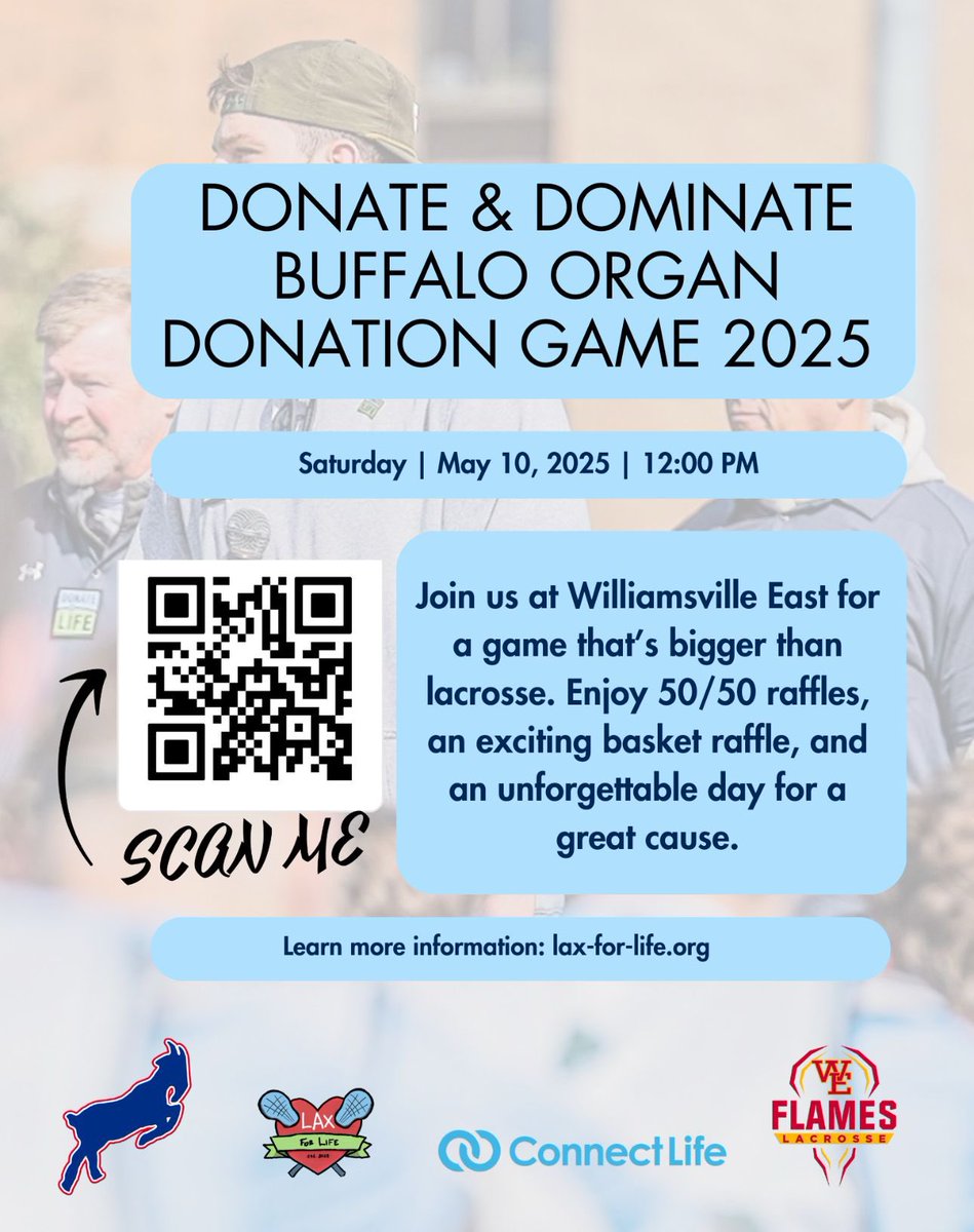 laxfor1ife's tweet photo. 🏆 Williamsville East vs. Williamsville South 🥍

 Join us May 10 at 12PM for the Lax For Life game — raising awareness for organ donation through the power of sport. 💚

📍 Williamsville East
🔗 https://t.co/5GffFZZJSE

#LaxForLife #DonateAndDominate #OrganDonationAwareness https://t.co/4vineqqxgg