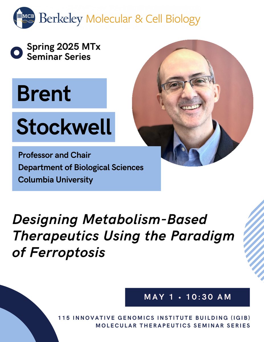James Olzmann (@olzmannlab) on Twitter photo Excited to host <a href="/bstockwell/">Brent Stockwell</a> for a seminar tomorrow in the <a href="/berkeleyMCB/">UC Berkeley MCB</a> Molecular Therapeutics Series! If you are on campus come by for an exceptional seminar on recent advances on our understanding and targeting of #ferroptosis! 😀 Excited to host <a href="/bstockwell/">Brent Stockwell</a> for a seminar tomorrow in the <a href="/berkeleyMCB/">UC Berkeley MCB</a> Molecular Therapeutics Series! If you are on campus come by for an exceptional seminar on recent advances on our understanding and targeting of #ferroptosis! 😀