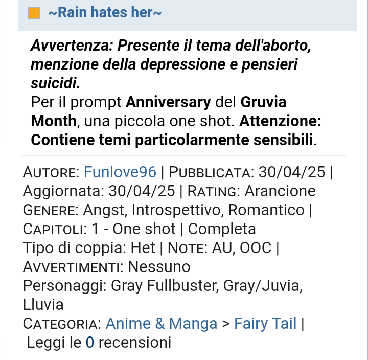 Lyn16833785's tweet photo. ⚠️WARNING: Contains mentions of miscarriage, depression, suicidal thoughts⚠️

Ita: (https://t.co/f1ZPu4muqf) (https://t.co/gybk5Z0BBu)
Eng: (https://t.co/yuDstpaxzR)

[#FairyTail/#JuviaLockser/#GrayFullbuster/#Gruvia/#GruviaMonth/#GruviaMonth2025/#Fanfiction/#MyFanfiction] https://t.co/pxyr7fuzwk