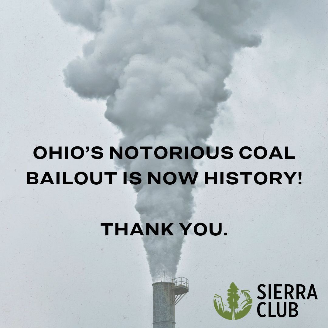 Ohio's coal bailout is history!

Thanks to thousands of Ohioans who spoke out over the years, the Ohio legislature finally put an end the more than $450 million mistake that raised electric bills &amp; polluted our communities.

Read more: sc.org/3RHz5t7