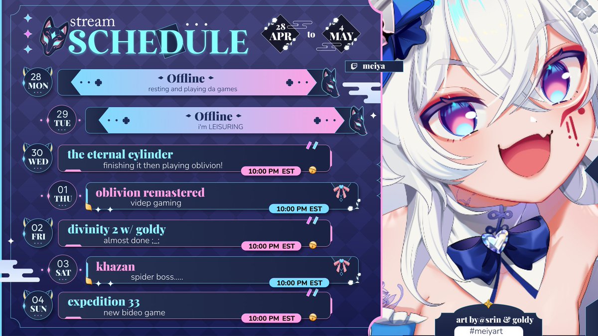 meiya_ch's tweet photo. 🔔4.28.2025 - 5.4.2025🔔

THIS WEEK'S SCHEDULE
finishing the eternal cylinder tonight!! then more oblivion gaming
almost done with divinity 2!
more bashing my head in khazan
and starting expedition 33!!
essited to hang out!!
【#meiments┊🎨: #srinitybeast #goldy_belle  #meiyart】 https://t.co/MI7HG9frSN