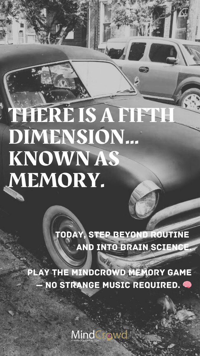 TGenMINDCROWD's tweet image. 🌀 As Rod Serling used to say, “For your consideration”: 

Help us discover how to keep our brains fit for life. 🧠  

Consider spending 10 minutes playing our memory game today 👉 mindcrowd.org 👍

#TwilightZoneDay #MindCrowd #MemoryTest