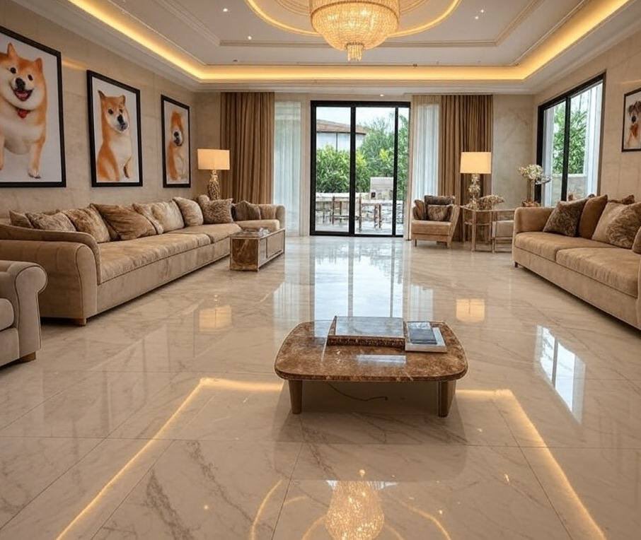 Luxurious Shiba Inu-themed retreat! This spacious villa features a grand living area with plush sofas, a stunning chandelier, and elegant marble floors. Enjoy the serene ambiance with large windows opening to a private patio, perfect for relaxation.