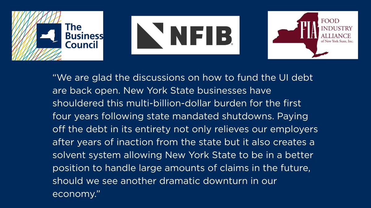 The Business Council (@businessnys) on Twitter photo Our joint statement with <a href="/nfib_ny/">NFIB New York</a> & <a href="/FoodAllianceNY/">FoodIndustryAlliance</a> on the UI debt discussions opening back up. Our joint statement with <a href="/nfib_ny/">NFIB New York</a> & <a href="/FoodAllianceNY/">FoodIndustryAlliance</a> on the UI debt discussions opening back up.