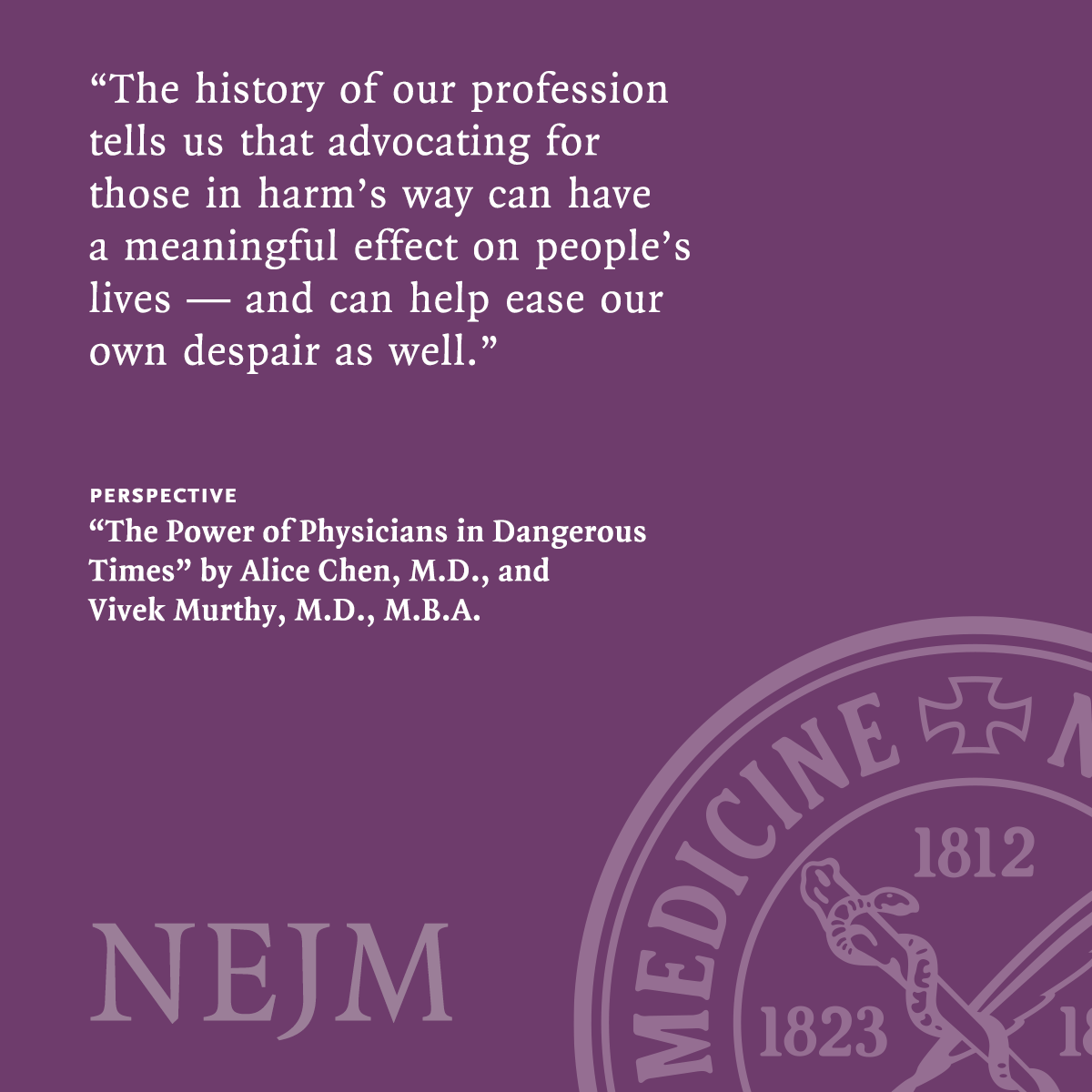 NEJM's tweet photo. The current crisis in the United States is bigger than politics, and it deeply affects the health and lives of our patients and communities, argue the authors of a new Perspective. Now is the time for physicians to harness their power and act. Read the Perspective by Alice T. Chen, MD (@atychen), and @vivek_murthy, MD, MBA: https://t.co/tOKvDtFcCg