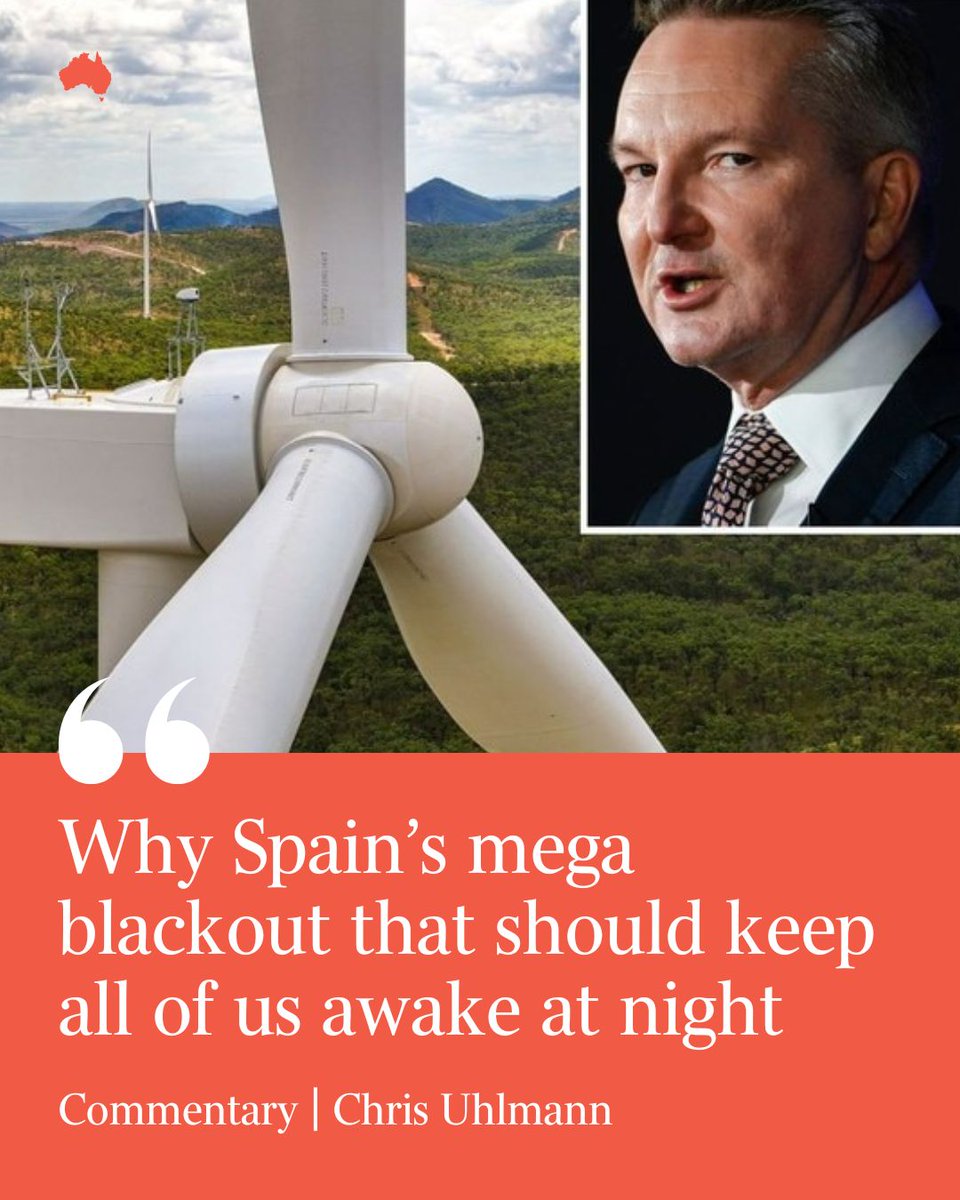 australian's tweet image. Opinion: In just five seconds, a power grid supplying nearly 60 million people collapsed. Spain in 2025 is a flashing warning light for the electricity system we’re building around weather-dependent generation. Here's why: bit.ly/4lQjLIB