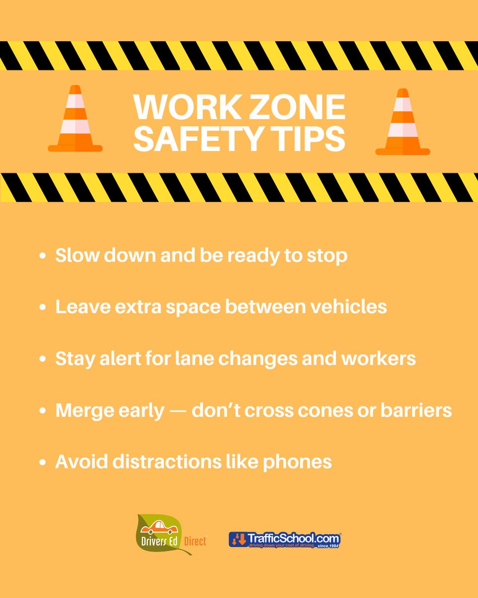 DriversEdDirect's tweet image. 🚧Drive Safe in Work Zones🚧
Road work ahead? Slow down, stay alert, and be ready for the unexpected. Workers’ lives depend on every driver making smart choices.

Brought to you by @DriversEdDirect &amp;amp; @trafficschooled!

#TrafficSafety #DefensiveDriving #LearnToDrive #TrafficSchool